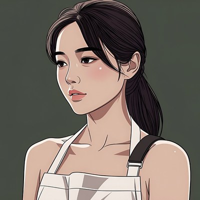 Asian woman in white apron