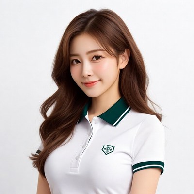 Asian woman in white green polo shirt