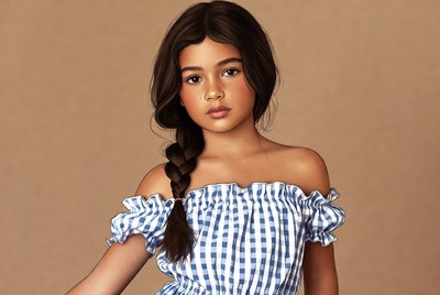 Girl in blue checkered off-shoulder dress