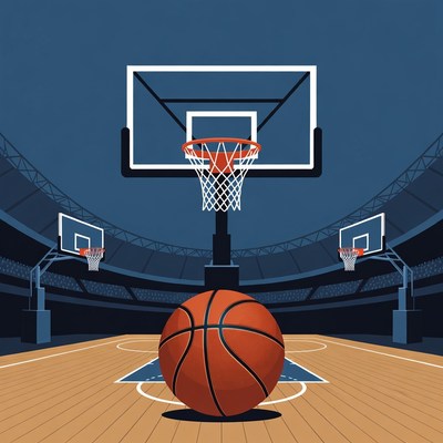 Basketball on Court with Hoops