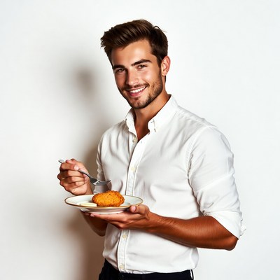 Handsome man eating fried chicken