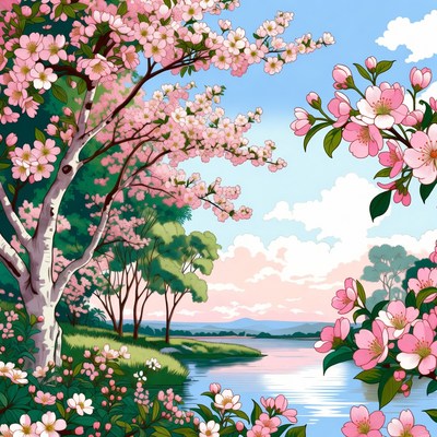 Cherry Blossom Trees by River
