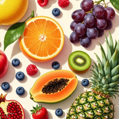 Fresh Mixed Fruits on White Background