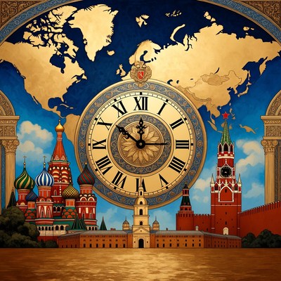 Moscow Clock with World Map and Kremlin