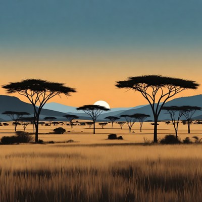 Acacia Trees Sunset Savanna Landscape