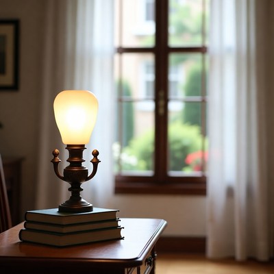 Antique Lamp on Wooden Desk
