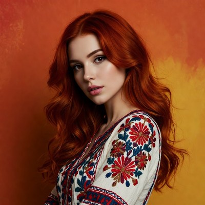 Redhead woman in embroidered blouse