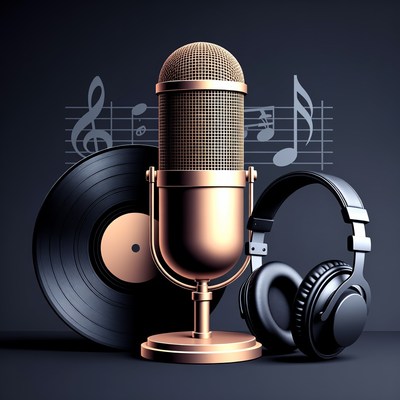 Golden Microphone with Vinyl Record Headphones