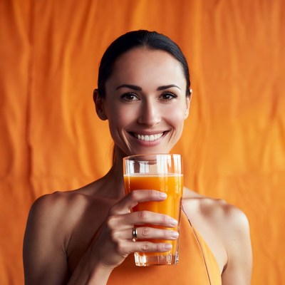 Woman holding orange juice glass