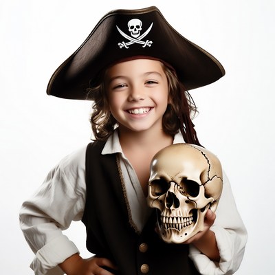 Boy in pirate costume holding skull
