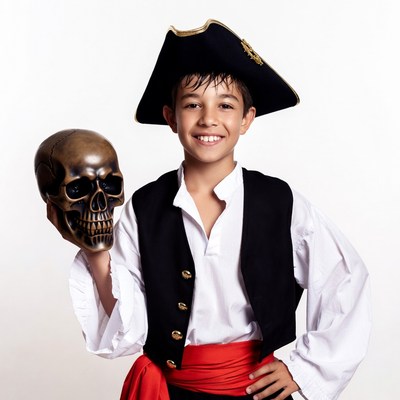 Boy in pirate costume holding skull