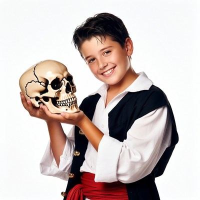 Boy holding pirate skull