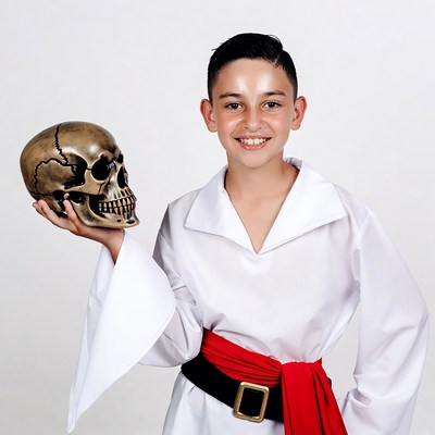 Boy in pirate costume holding skull