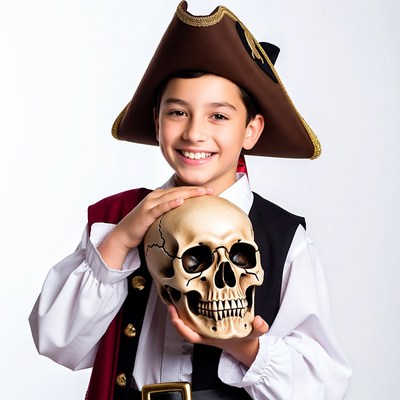 Boy in pirate costume holding skull
