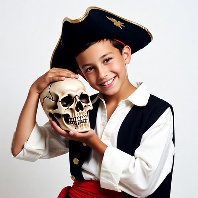 Boy in pirate costume holding skull