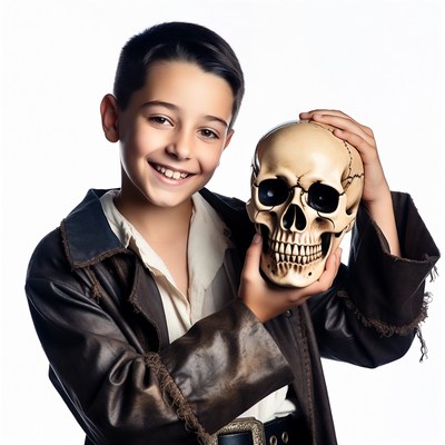 Boy holding skull in pirate costume