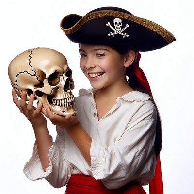 Girl holding skull in pirate costume