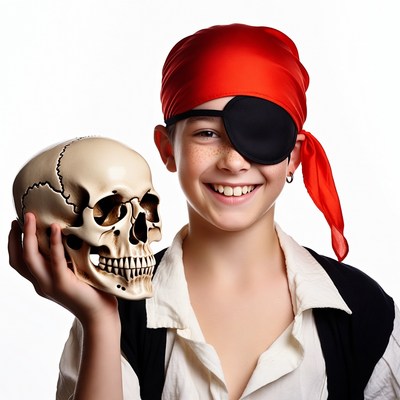 Boy pirate holding skull