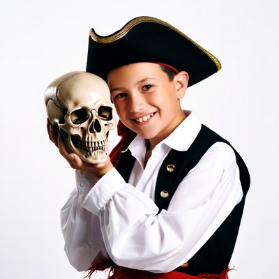 Boy holding skull in pirate costume