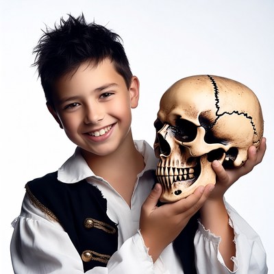 Boy holding skull in pirate costume