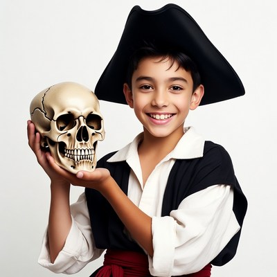 Boy in pirate costume holding skull