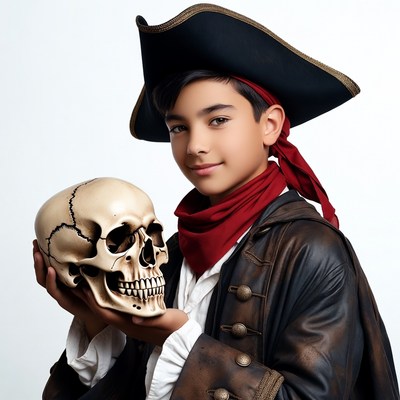 Boy in pirate costume holding skull