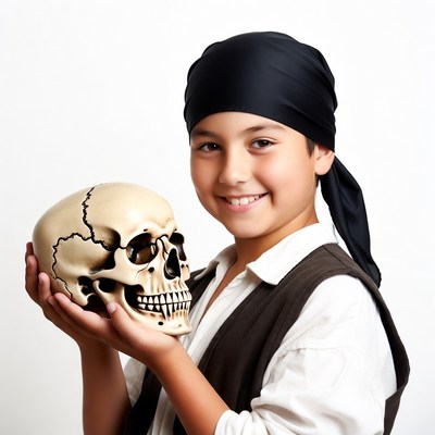 Boy holding skull in pirate costume