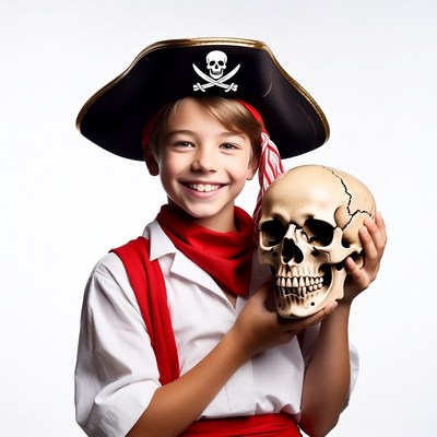 Boy in pirate costume holding skull