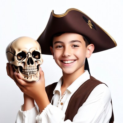 Boy holding skull in pirate costume