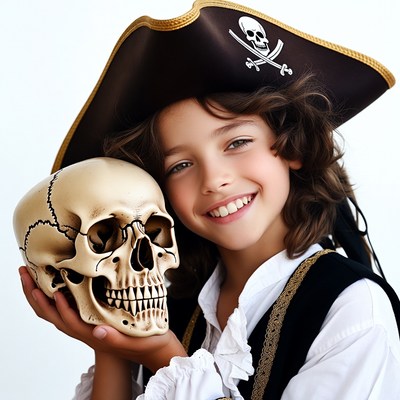 Girl holding skull in pirate costume