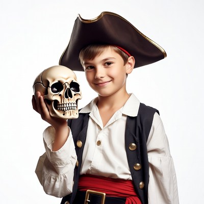 Boy in pirate costume holding skull