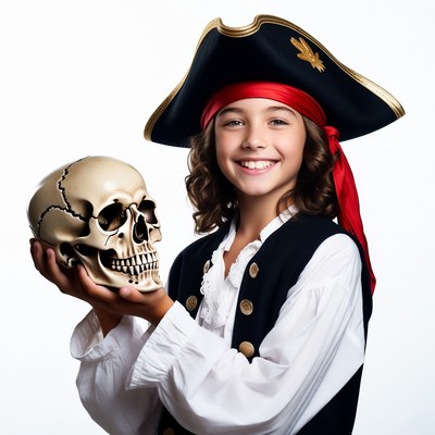 Girl holding skull in pirate costume
