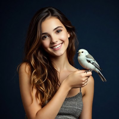 Smiling girl holding white bird