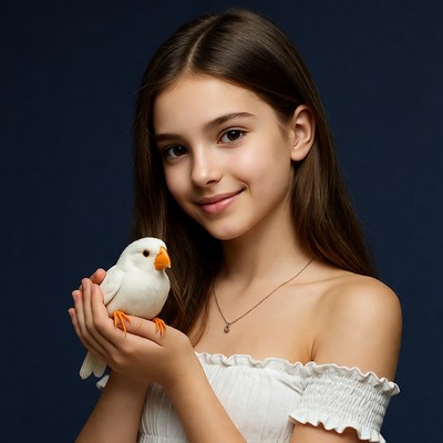 Girl holding white toy bird