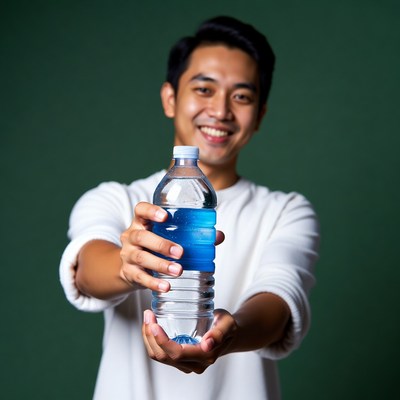 Asian man holding blue water bottle