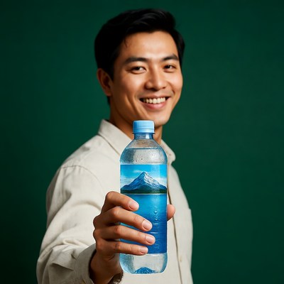 Asian man holding mountain water bottle