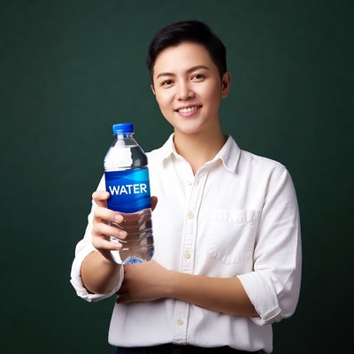 Asian man holding water bottle