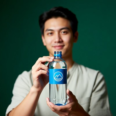 Asian man holding blue water bottle