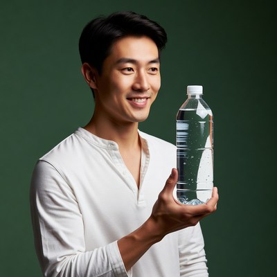 Asian man holding water bottle