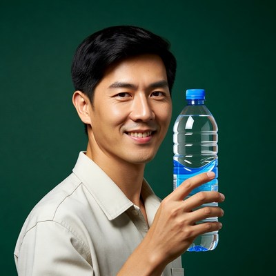 Asian man holding water bottle
