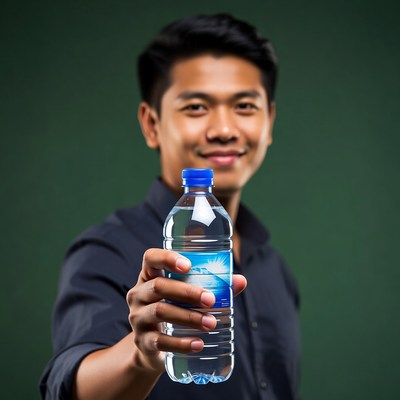 Asian man holding water bottle