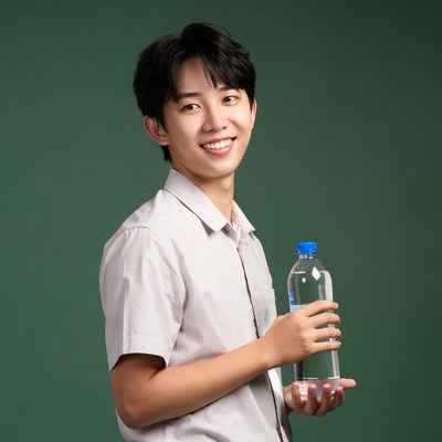 Asian man holding water bottle