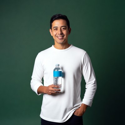 Smiling Latino man holding water bottle