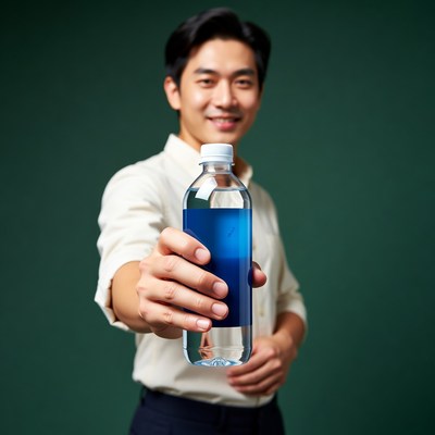 Asian man holding water bottle