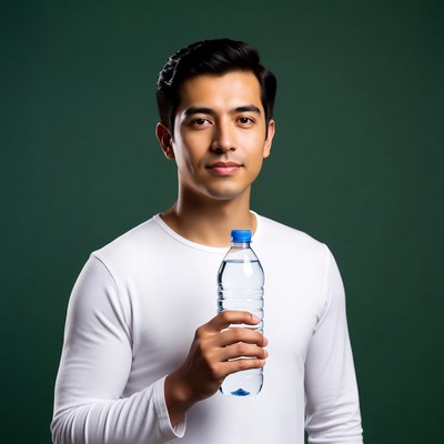 Asian man holding water bottle