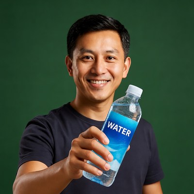 Asian man holding water bottle