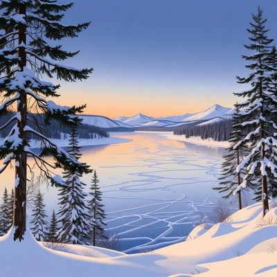 Winter Landscape with Snowy Mountains and Frozen Lake