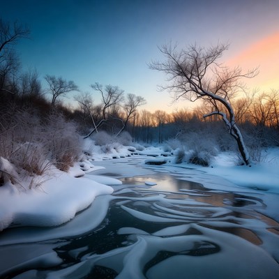 Frozen River in Snowy Winter Forest