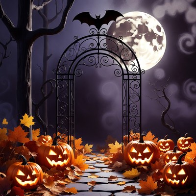 Halloween Gate with Pumpkins and Bats
