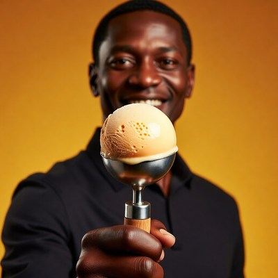 African-American man holding ice cream scoop